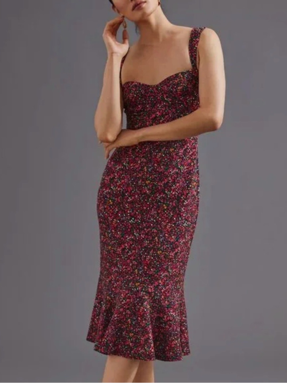 Hutch Floral Bustier Midi Sweetheart Pencil Dress XS Black Pink Cottagecore